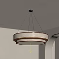 Modern Round Chandelier With Wooden Frame And Fabric Shade In Interior Room