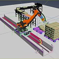 Automated Industrial Robotic Arm Handling Wooden Boxes On Conveyor Belt System