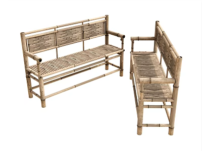 Public Bamboo Benches with Rattan Weaving Seats Natural Style Outdoor Use 3d model
