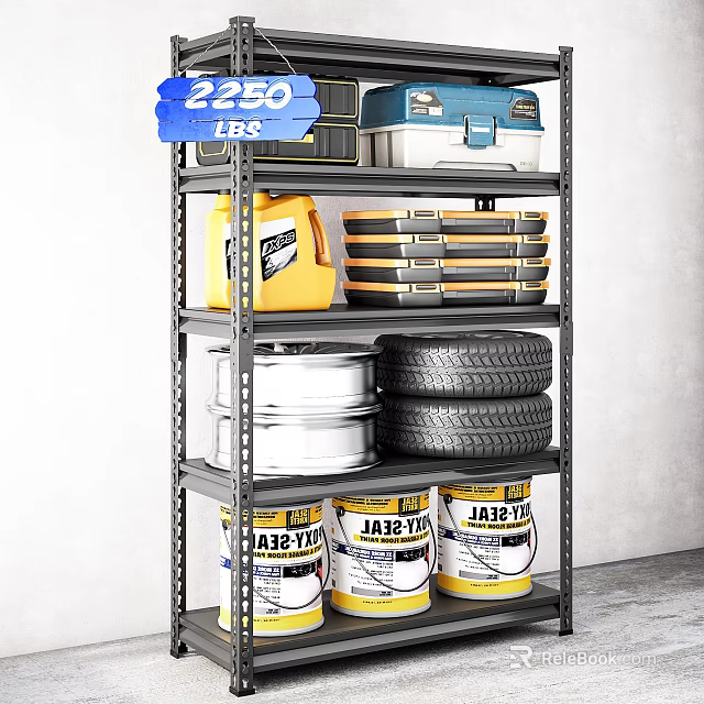 Industrial Storage Shelf With Toolboxes Oil Drums Storage Boxes Wheel Rims Tires And JAB Cans 3d model 