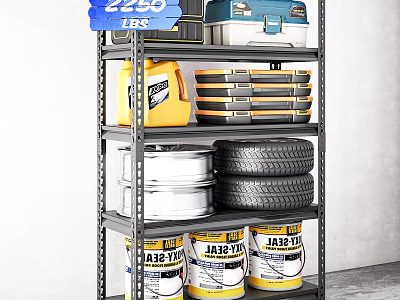 Industrial Storage Shelf With Toolboxes Oil Drums Storage Boxes Wheel Rims Tires And JAB Cans 3d model