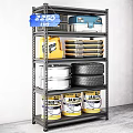 Industrial Storage Shelf With Toolboxes Oil Drums Storage Boxes Wheel Rims Tires And JAB Cans