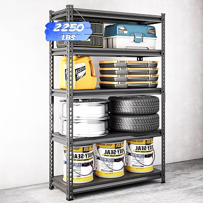 Industrial Storage Shelf With Toolboxes Oil Drums Storage Boxes Wheel Rims Tires And JAB Cans 3d model