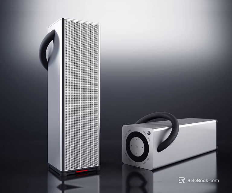 Sleek Modern Silver Audio Speakers Featuring Vertical And Horizontal Design With Black Handles 3d model