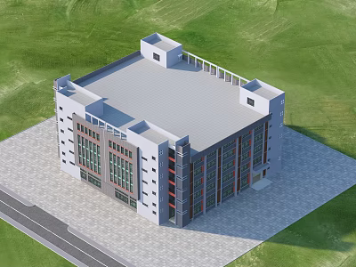 Modern Industrial Factory Building Featuring Multi Storey Design Large Windows Flat Roof And Green Surroundings 3d model