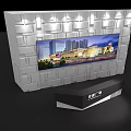 Modern Reception Desk with White Panel Wall and Large Screen Showing City Mall View 3d model