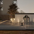 Modern Garden Landscape With Illuminated Stone Wall Archway Tree Pathway And Building