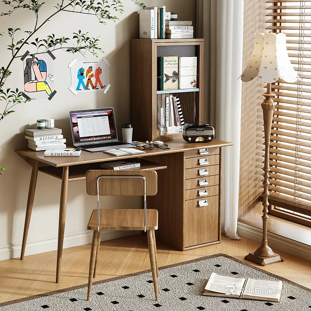 Wooden Desk Interior With Laptop Books Lamp Chair Bookshelf Wall Art And Blinds 3d model 