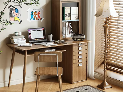 Wooden Desk Interior With Laptop Books Lamp Chair Bookshelf Wall Art And Blinds 3d model