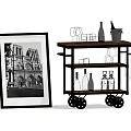 Black Framed Notre Dame Photo With Rolling Wine Cart And Bottles Glasses