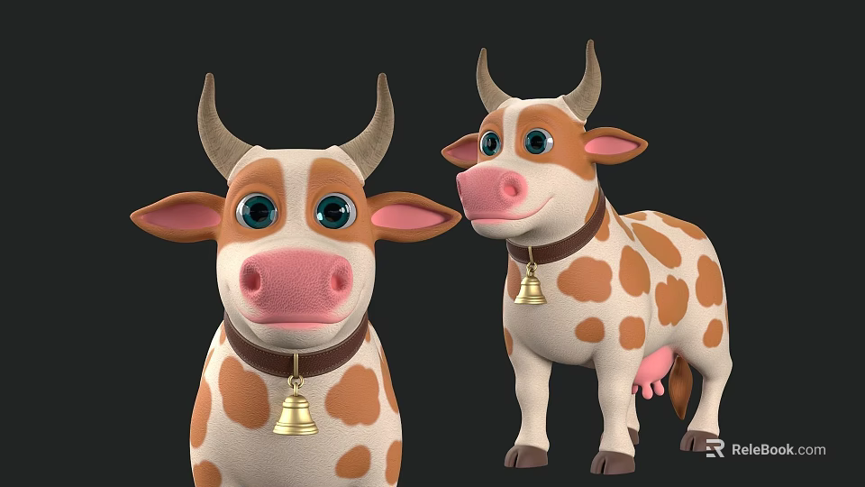 Cute Cartoon Cows With Brown White Spots And Bell Collars On Black Background 3d model 