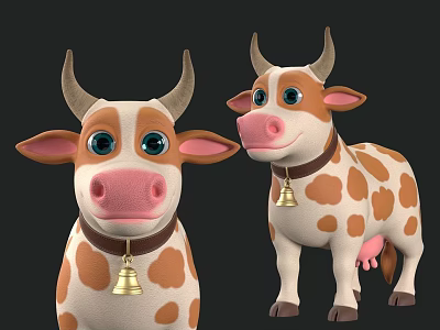 Cute Cartoon Cows With Brown White Spots And Bell Collars On Black Background 3d model