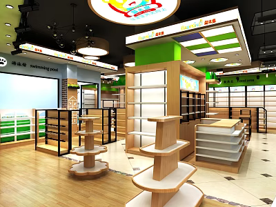 Modern Retail Store Interior With Green Accents Wooden Shelves And Display Racks 3d model