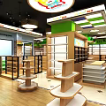 Modern Retail Store Interior With Green Accents Wooden Shelves And Display Racks