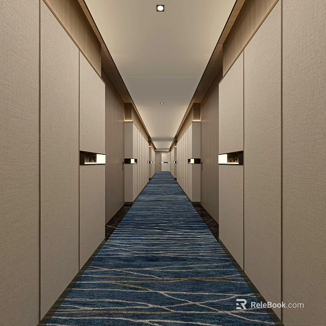 Modern Hotel Corridor With Beige Walls Recessed Light Fixtures And Blue Striped Carpet 3d model 