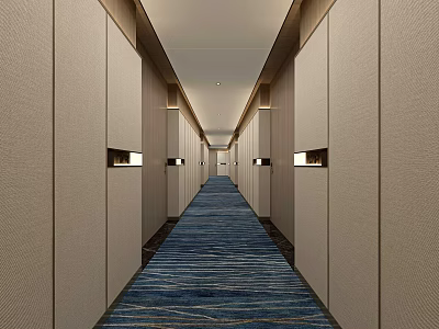 Modern Hotel Corridor With Beige Walls Recessed Light Fixtures And Blue Striped Carpet 3d model