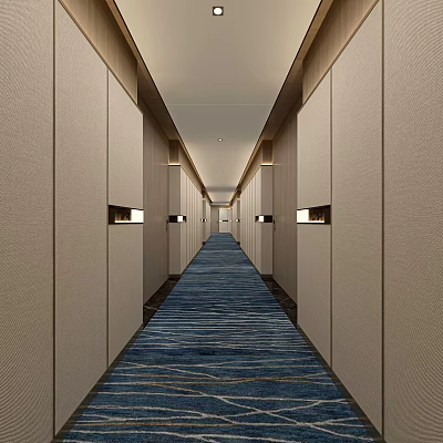 Modern Hotel Corridor With Beige Walls Recessed Light Fixtures And Blue Striped Carpet 3d model