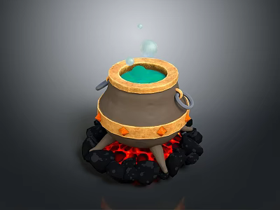 Household Cooking Cauldron On Burning Coals With Green Liquid Bubbles Red Flames And Orange Handles 3d model