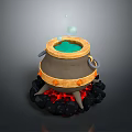 Household Cooking Cauldron On Burning Coals With Green Liquid Bubbles Red Flames And Orange Handles