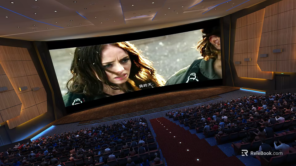 Modern Cinema Large Screen Showing Movie Full Audience Red Carpet Blue Lit Ceiling Wooden Walls 3d model 