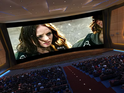 Modern Cinema Large Screen Showing Movie Full Audience Red Carpet Blue Lit Ceiling Wooden Walls 3d model