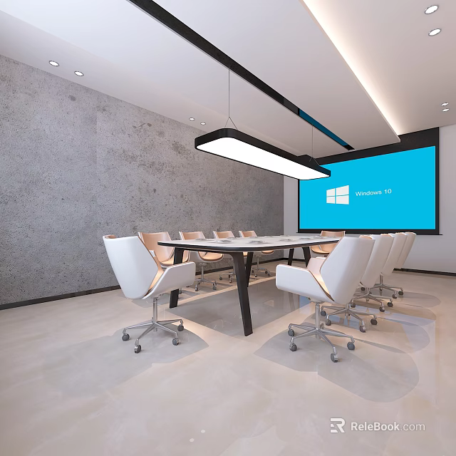 Modern Conference Room Interior With Long Table White Chairs And Microsoft 365 Screen 3d model 
