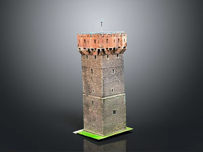Medieval Brick Tower Architectural Model With Red Top And Green Base 3d model