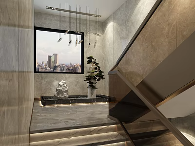 Modern Staircase With Stone Steps Hanging Lights City View Window And Potted Plant 3d model
