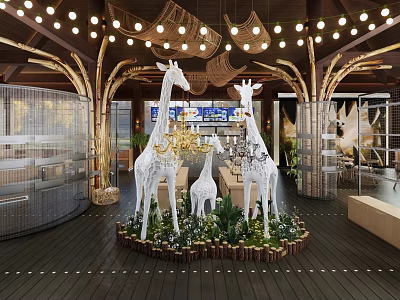 White Giraffe Sculptures Decorated With Green Plants In Indoor Wooden Courtyard With Hanging Lights 3d model