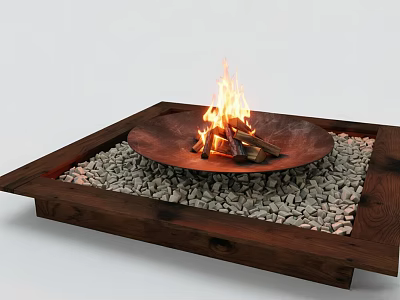Square Fire Pit with Burning Flames Surrounded by Gravel on Wooden Base for Outdoor Patio 3d model