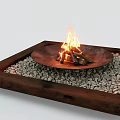 Square Fire Pit with Burning Flames Surrounded by Gravel on Wooden Base for Outdoor Patio