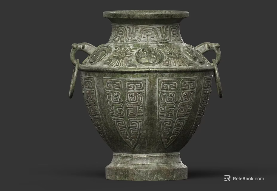 Traditional Ceramic Vessel With Intricate Patterns Ear Shaped Handles And Sturdy Base 3d model 