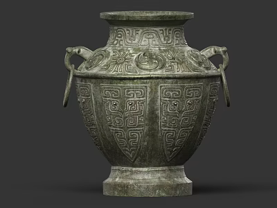 Traditional Ceramic Vessel With Intricate Patterns Ear Shaped Handles And Sturdy Base 3d model