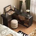 Stylish Dressing Table In Bedroom With Mirror Makeup Items And Leaf Pattern Cabinet