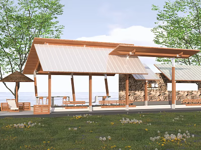 Wooden Pavilion With Sloped Roof In Outdoor Area Surrounded By Green Grass And Trees 3d model