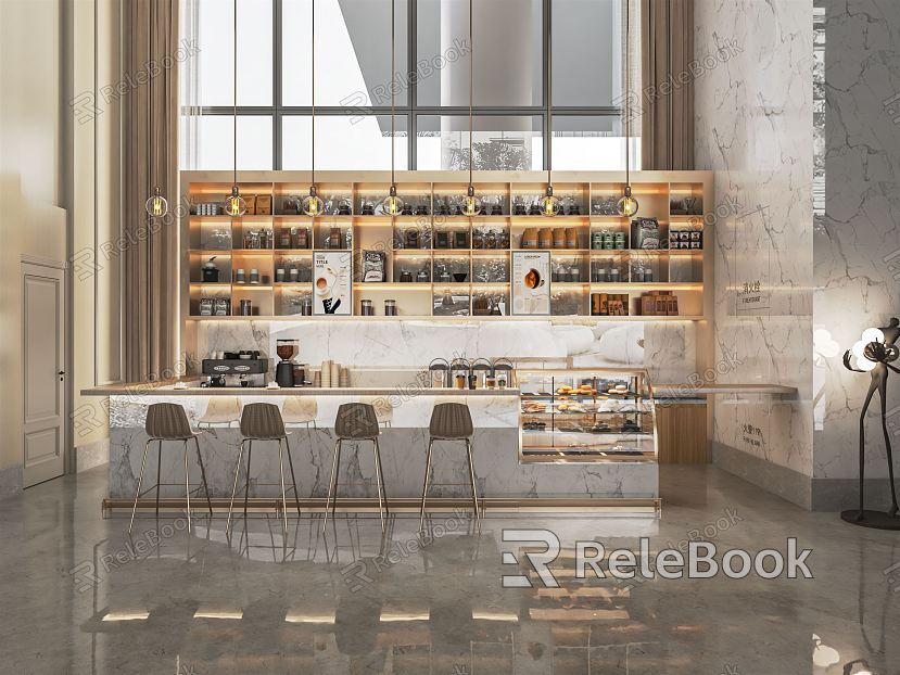 Modern Coffee Shop Milk Tea Shop Beverage Shop Cashier Console Back Kitchen Equipment Leisure Table and Chair Coffee Products model