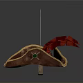 Brown Leather Pirate Hat With Red Feather And Metal Sword With Green Gem Handle
