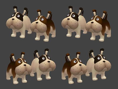 Cute Brown And White Cartoon Dog Figurines In Various Adorable Poses 3d model
