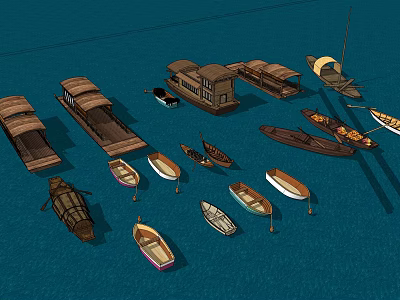 Various Types of Traditional Wooden Boats Floating on Blue Water Surface 3d model