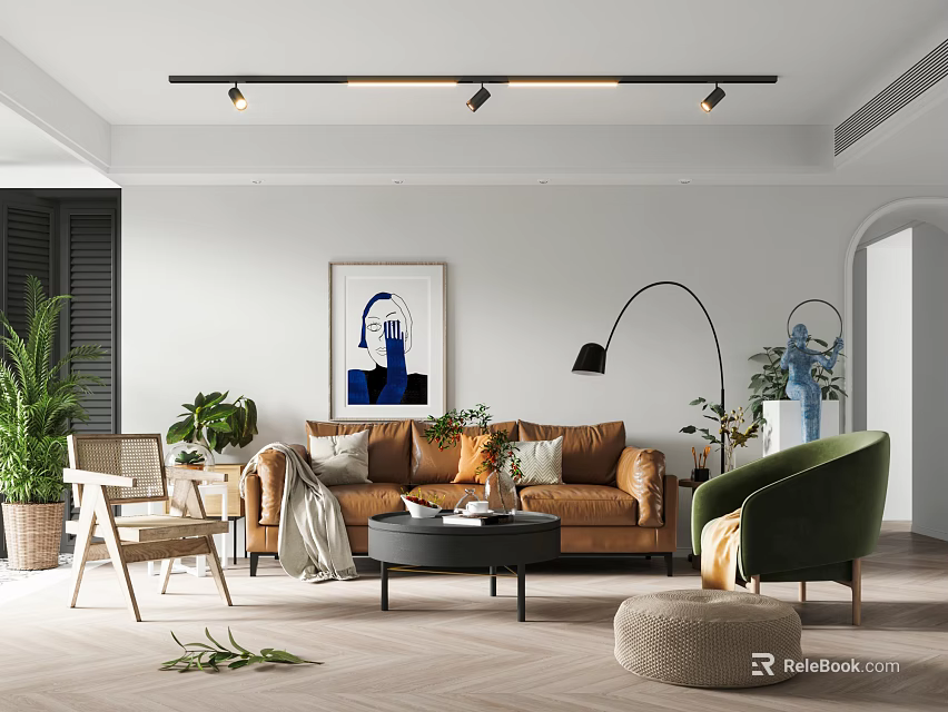 Modern Dining Living Room Interior With Brown Sofa Green Armchair Coffee Table And Decorative Plants 3d model 
