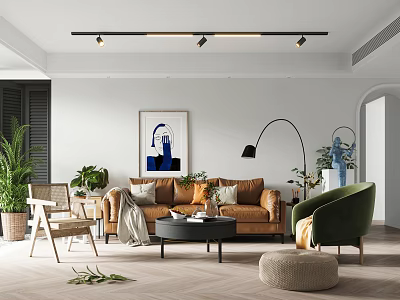 Modern Dining Living Room Interior With Brown Sofa Green Armchair Coffee Table And Decorative Plants 3d model