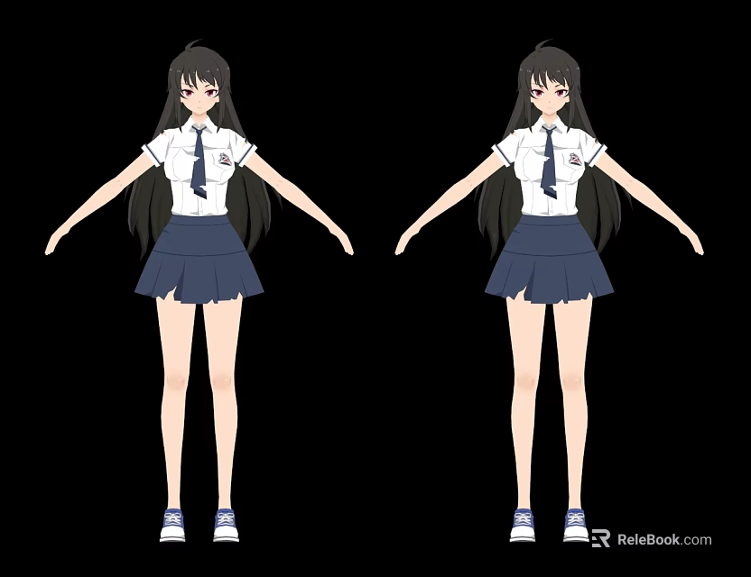 Game And Movie Character Anime School Uniform Girl With Long Hair White Shirt Blue Skirt 3d model 