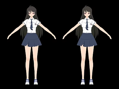 Game And Movie Character Anime School Uniform Girl With Long Hair White Shirt Blue Skirt 3d model