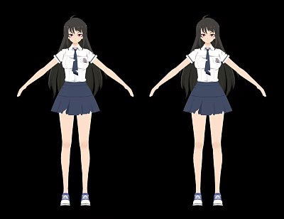 Game And Movie Character Anime School Uniform Girl With Long Hair White Shirt Blue Skirt 3d model
