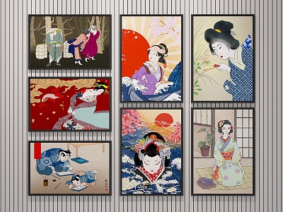 Japanese-style figure painting floating ladies decorative painting 3d model