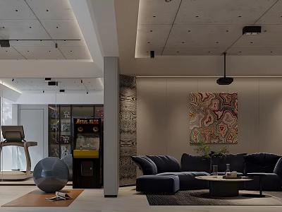 Modern Entertainment Room With Navy Blue Sofa Coffee Table Treadmill Arcade Machine And Abstract Painting 3d model