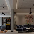 Modern Entertainment Room With Navy Blue Sofa Coffee Table Treadmill Arcade Machine And Abstract Painting