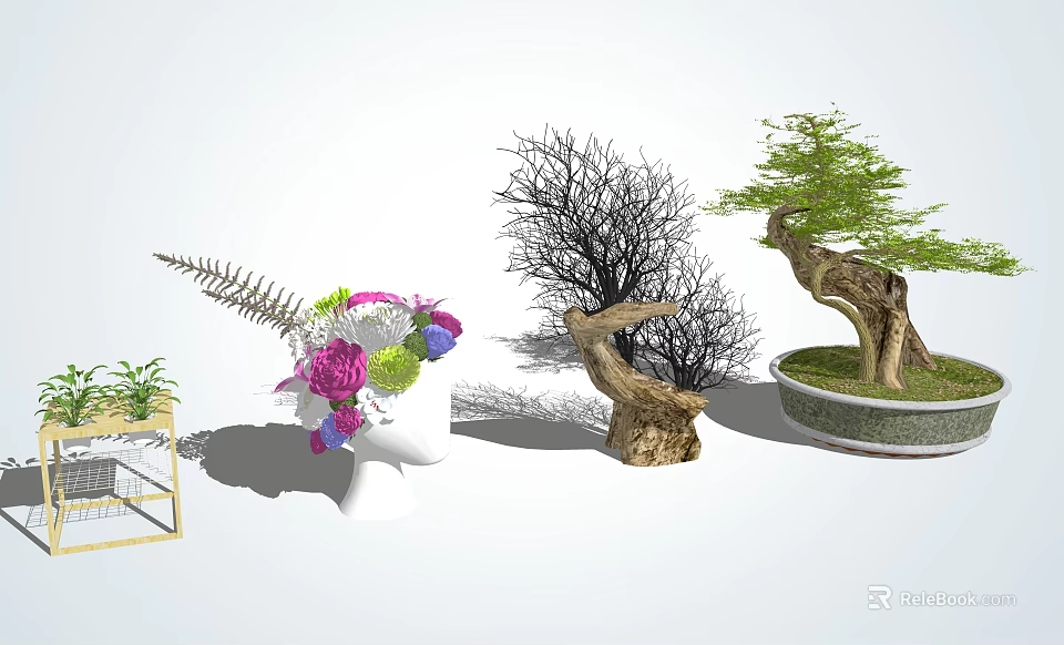 Stylish Indoor Bonsai Potted Plants With Various Branches And Green Foliage 3d model 