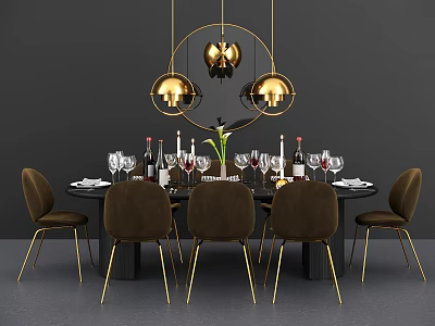 Modern Luxury Dining Table Set With Gold Chandelier Brown Chairs And Wine Glasses Decor 3d model