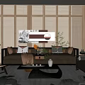 Elegant Living Room Sofa And Coffee Table Set With Wooden Lattice Wall Landscape Painting